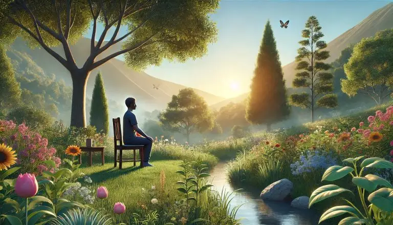 A serene landscape featuring a person practicing mindfulness meditation