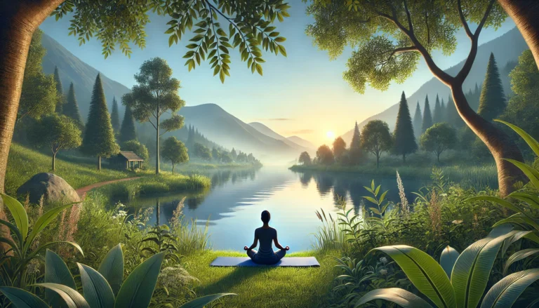 A serene landscape featuring a person practicing breathwork. The scene includes a tranquil setting with a person sitting on a yoga mat by a calm lake.