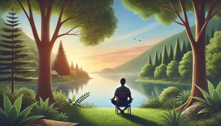 A serene landscape featuring a person meditating outdoors. The scene includes a peaceful natural environment.